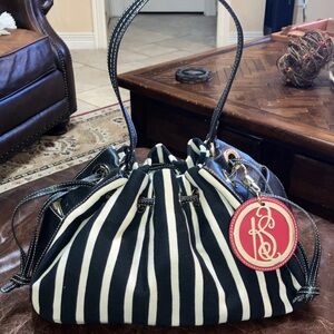 Kate Spade Black and White Striped Bag w/large charm and leather embossed bottom